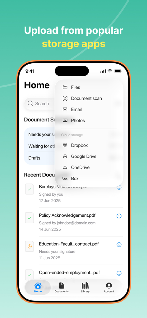 Signeasy－Sign Documents App - Bildschirm der Signeasy-Mobil-App, der Optionen zum Hochladen von Dokumenten aus Cloud-Speichern und lokalen Dateien anzeigt