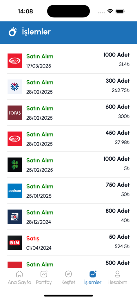 Un écran d'application mobile montrant un historique chronologique des transactions d'achat et de vente d'actions avec les logos des entreprises et les quantités.