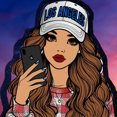 realistic beautiful girl wearing los ángeles cap holding an iphone