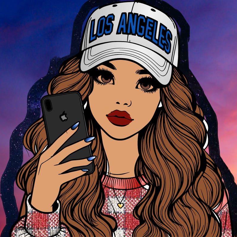realistic beautiful girl wearing los ángeles cap holding an iphone