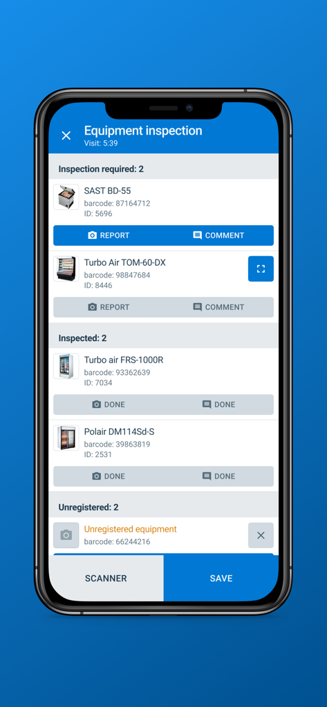 Pantalla móvil que muestra funciones de inspección y auditoría de equipos.