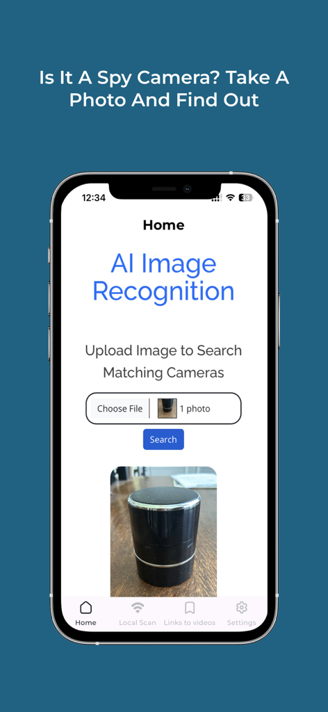 AI Hidden Spy Camera Detector - Interfaz de la aplicación AI Hidden Spy Camera Detector mostrando la función de reconocimiento de imágenes IA para escanear objetos en busca de cámaras ocultas.