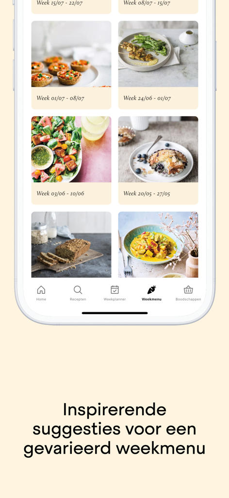 Recepten van Sandra - Un écran mobile montrant des suggestions de menu hebdomadaire avec des recettes saines dans l'application Recepten van Sandra.