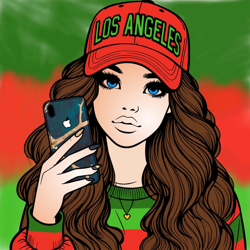 realistic beautiful girl wearing los ángeles cap holding an iphone