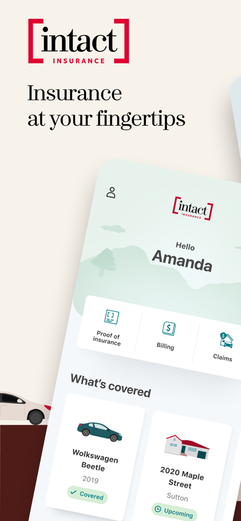 Intact Insurance: Mobile app - Intact Insuranceモバイルアプリのホーム画面。車の保険と住宅の保険の詳細、および請求と請求書へのクイックリンクが表示されています。