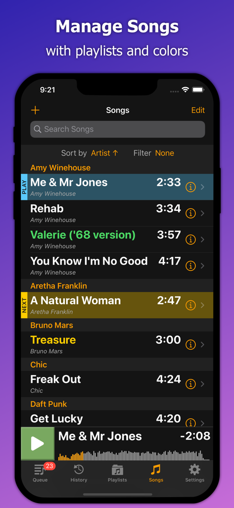 Stage Traxx 3 - Stage Traxx 3 app screen displaying a song library with color coded tracks and artist names