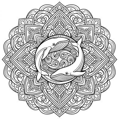 Embark on an oceanic journey with this stunning Blue Whale Mandala coloring page. Featuring two graceful whales at its heart, this intricate design offers a peaceful and engaging artistic escape for all ages.