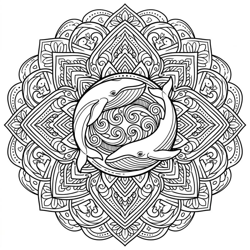 Embark on an oceanic journey with this stunning Blue Whale Mandala coloring page. Featuring two graceful whales at its heart, this intricate design offers a peaceful and engaging artistic escape for all ages.