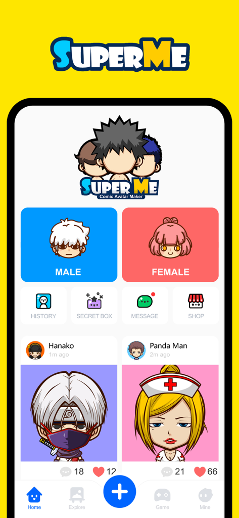 SuperMe-Avatar Maker Creator - La pantalla de inicio de la aplicación SuperMe con opciones para crear avatares de anime masculinos o femeninos.