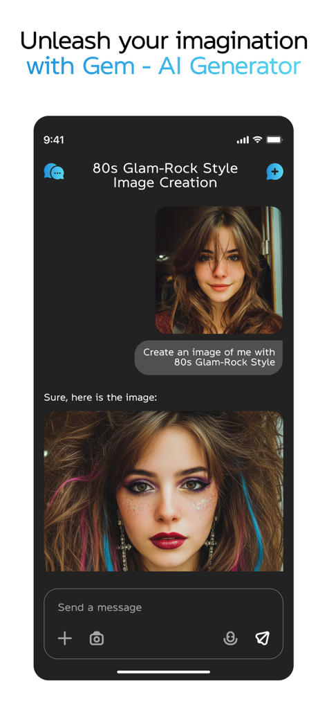 Interfaz de la aplicación Gem AI Generator mostrando un prompt de usuario y una imagen generada por IA resultante de una mujer en estilo glam rock de los 80