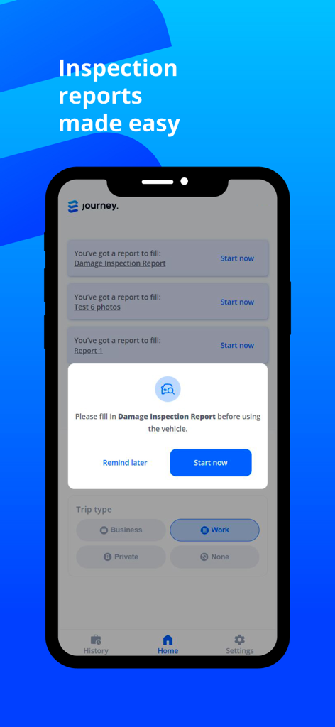 Journey tracks - Mobile interface of Journey tracks app showing a vehicle damage inspection report prompt