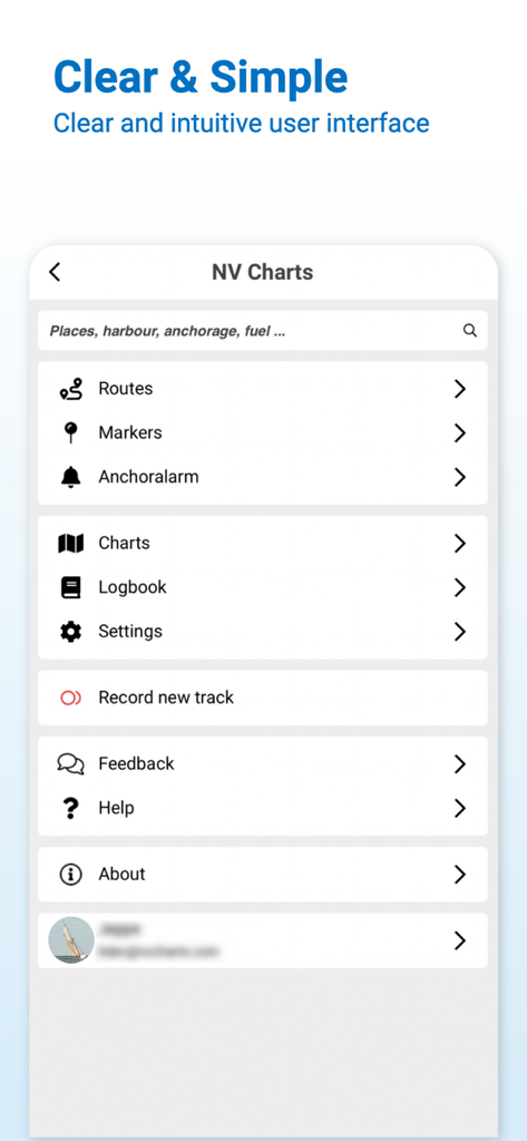 Interfaz de usuario clara y sencilla de la aplicación de navegación NV Charts mostrando el menú principal
