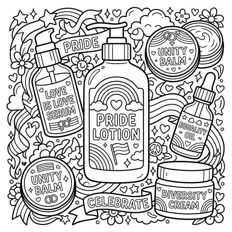 Embrace the spirit of Pride Month with this enchanting coloring page featuring body skincare products infused with themes of love, diversity, and unity. Unleash your creativity and add a splash of color to rainbows, flags, and uplifting messages on bottles and jars.