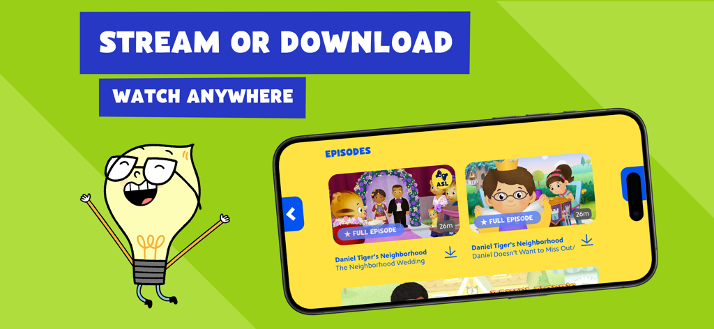 PBS KIDS Video - Promotional graphic for the PBS KIDS Video app showing the stream or download feature on a mobile device