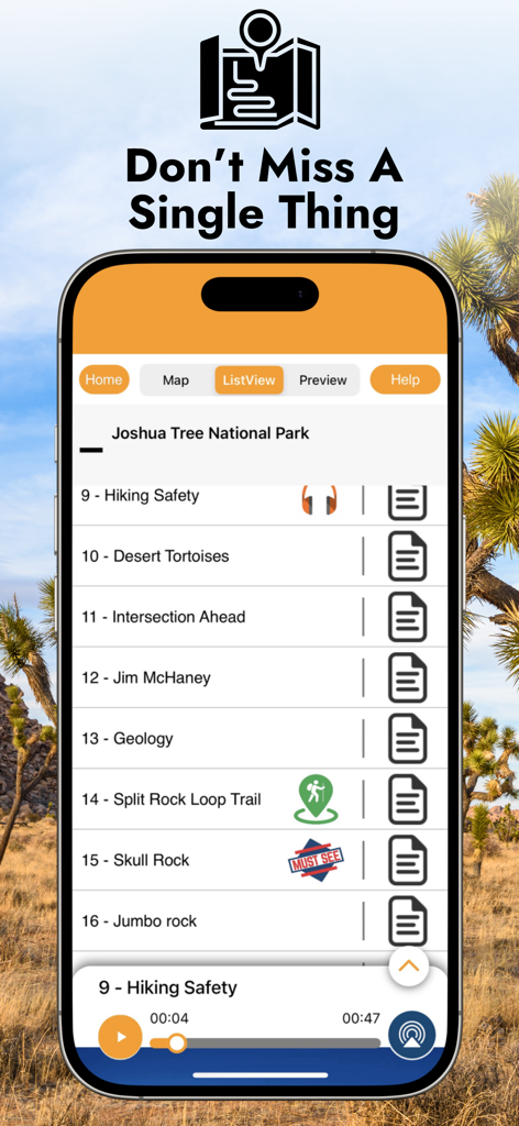 Joshua Tree Audio Tour Guide - Joshua Tree Audio Tour Guide app interface showing a list of park tour stops and an active audio player