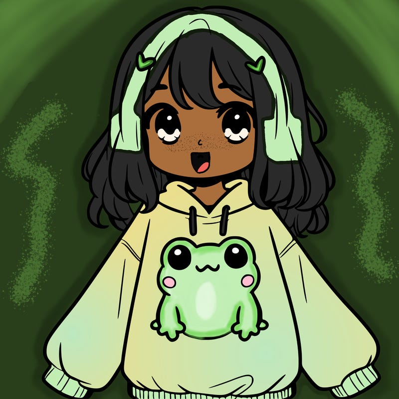 girl wearing frogging sweatshirt