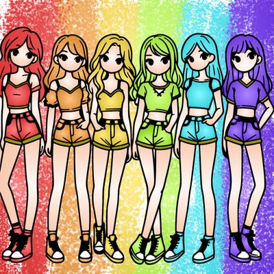 a group of girls wearing crop tops and shorts