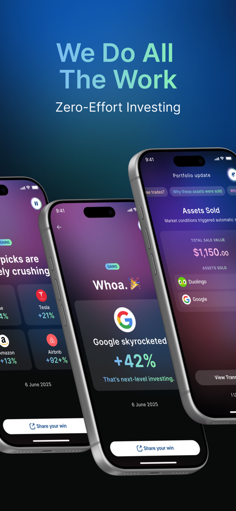 Trois écrans d'iPhone affichant l'application Benson AI Stock Trading avec les gains de performance des actions et les notifications de mise à jour du portefeuille.