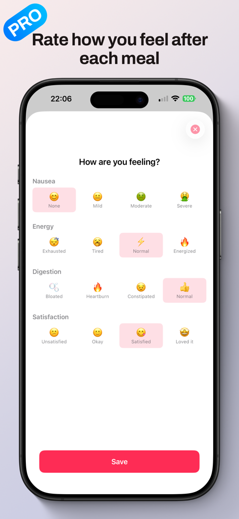 MomEats - Pregnancy Food Safe - A wellness tracking screen in the MomEats app showing options to rate nausea, energy, digestion, and satisfaction after a meal using emojis.