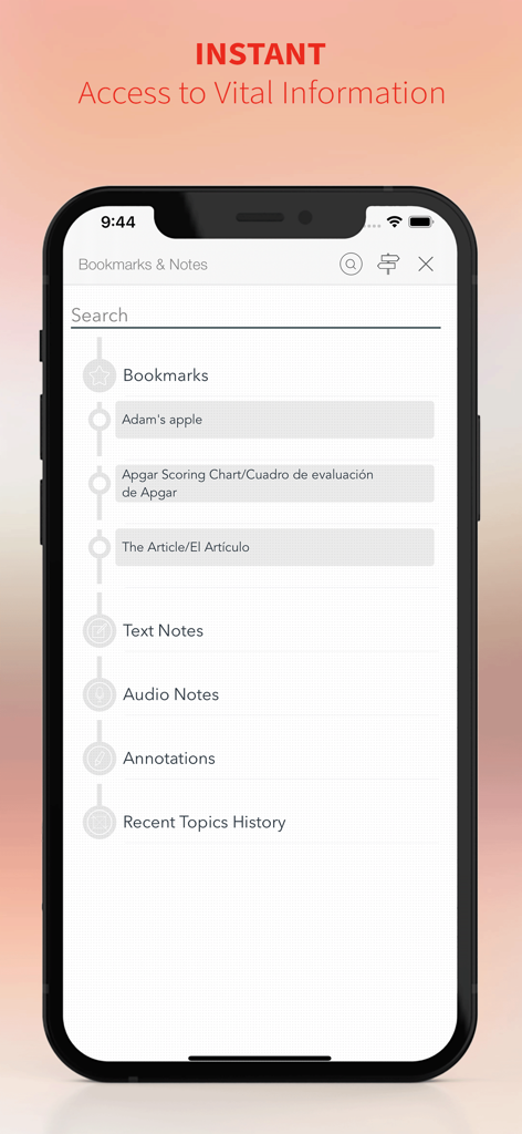 Spanish-English-Spanish Dict - Interfaz de la aplicación Diccionario Médico Español-Inglés que muestra la sección de Marcadores y Notas, incluidas notas de texto y audio