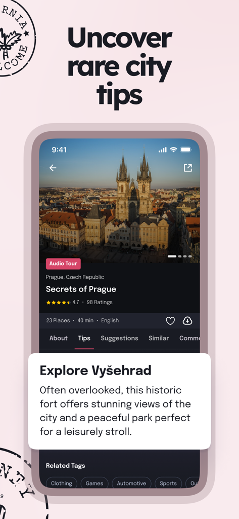 Interfaccia dell'app di viaggio Piri che mostra consigli autentici sulla città e un tour audio per Praga.