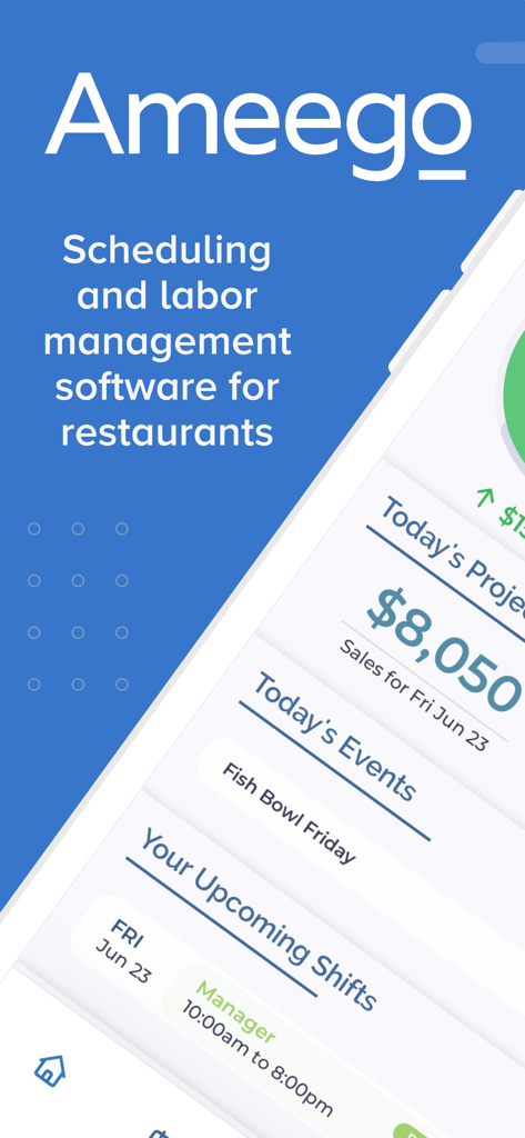 Tableau de bord du logiciel de planification et de gestion de la main-d'œuvre pour restaurants Ameego montrant les projections de ventes et les quarts à venir