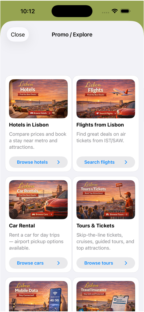 リスボン地下鉄マップアプリのプロモーションおよび探索画面。ホテル、フライト、レンタカー、ツアーへのリンクが含まれています。