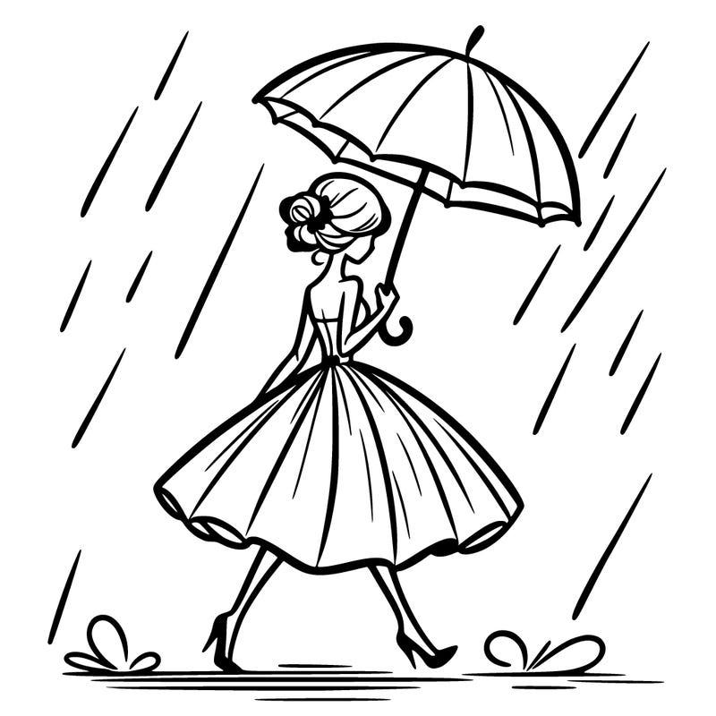 coloring pictures of elegant walking away on rain .with imbrella