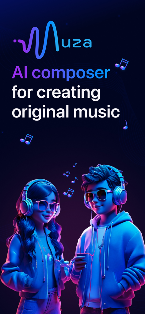 Muza AI: AI Song Creator - Muza AI app screen showing two young people with headphones and the text AI composer for creating original music