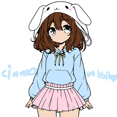 pretty anime girl wearing a fluffy hoodie with bunny ears on the hood and a skirt