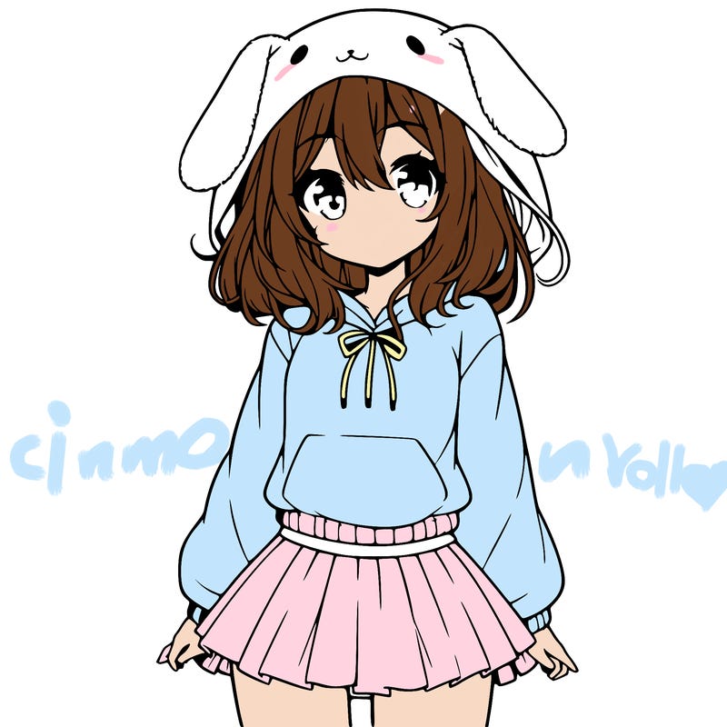 pretty anime girl wearing a fluffy hoodie with bunny ears on the hood and a skirt