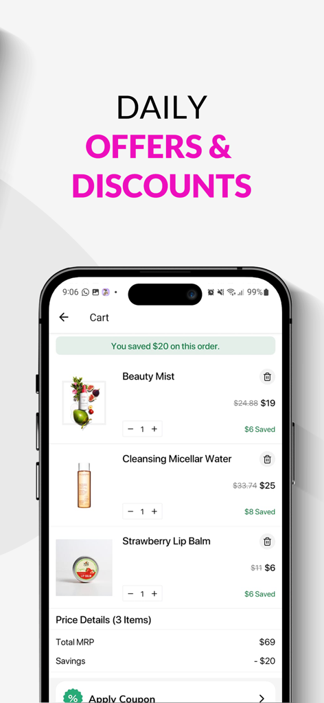 Loolia Closet - Loolia Closet app cart screen showing beauty products and savings from daily offers