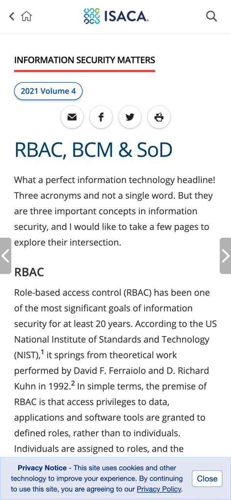 ISACA Journal - Vista de lectura móvil de un artículo del ISACA Journal titulado RBAC BCM y SoD bajo Information Security Matters