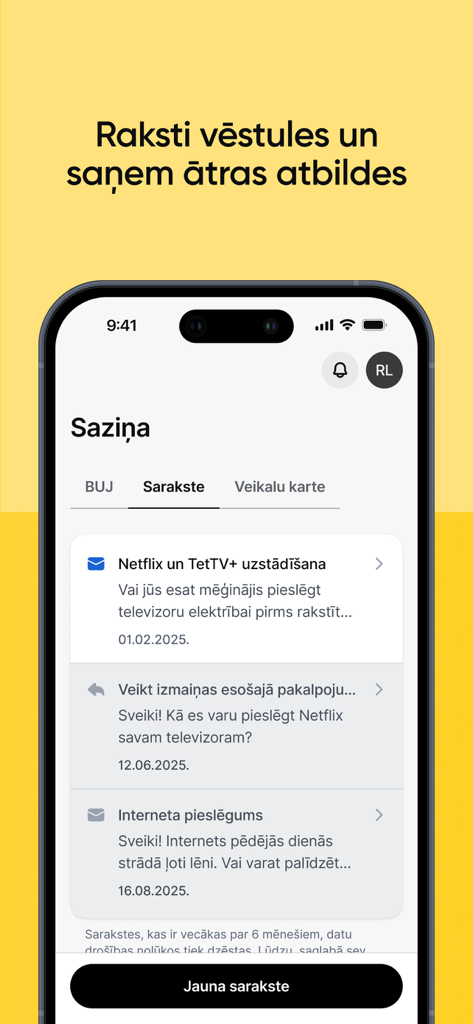 Interface of the Mans Tet app showing the communication section with a list of support messages