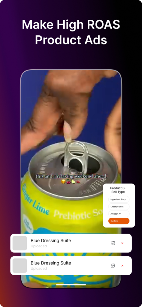 Interfaz de la aplicación móvil Scalio que muestra un proceso de creación de anuncios de video de productos para una bebida de prebióticos con opciones de selección de B-roll.