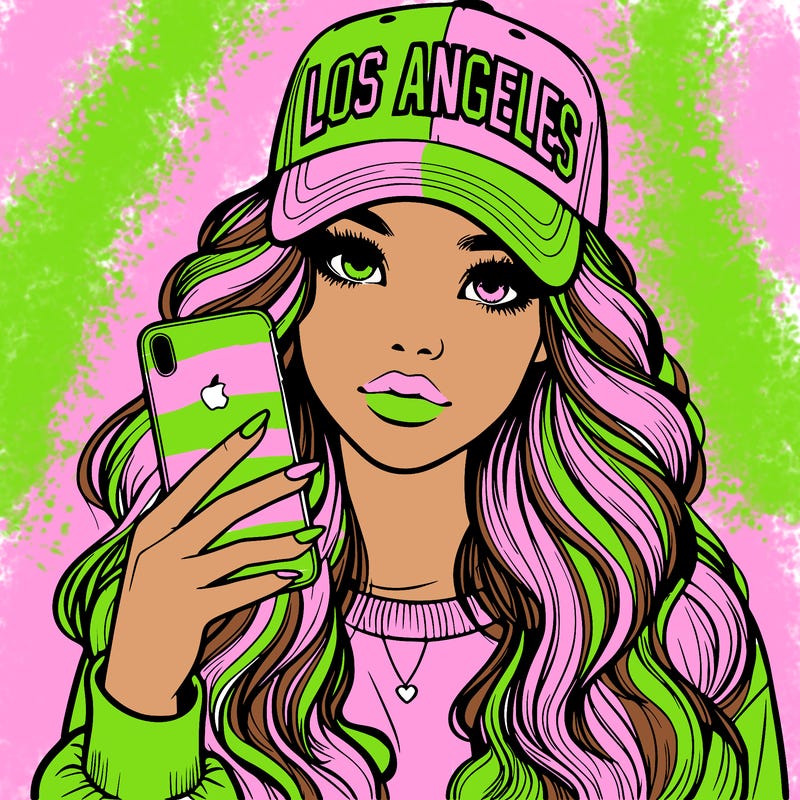 realistic beautiful girl wearing los ángeles cap holding an iphone