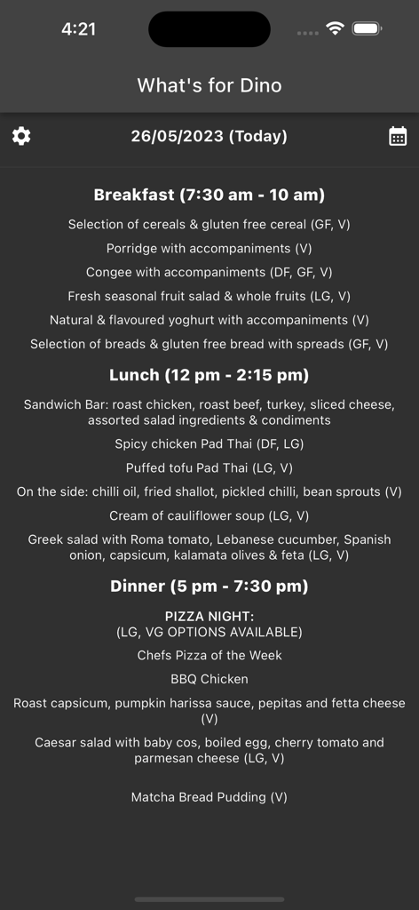 What's for Dino - A screenshot of the What's for Dino app displaying a daily university dining hall menu for breakfast, lunch, and dinner with dietary icons in dark mode.