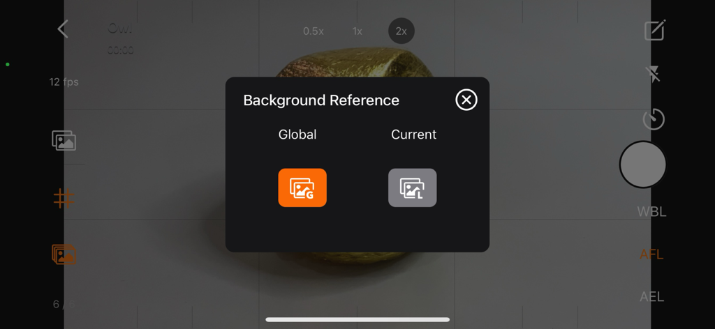 Background Reference selection menu in Stop Motion Plus app for object and rig removal