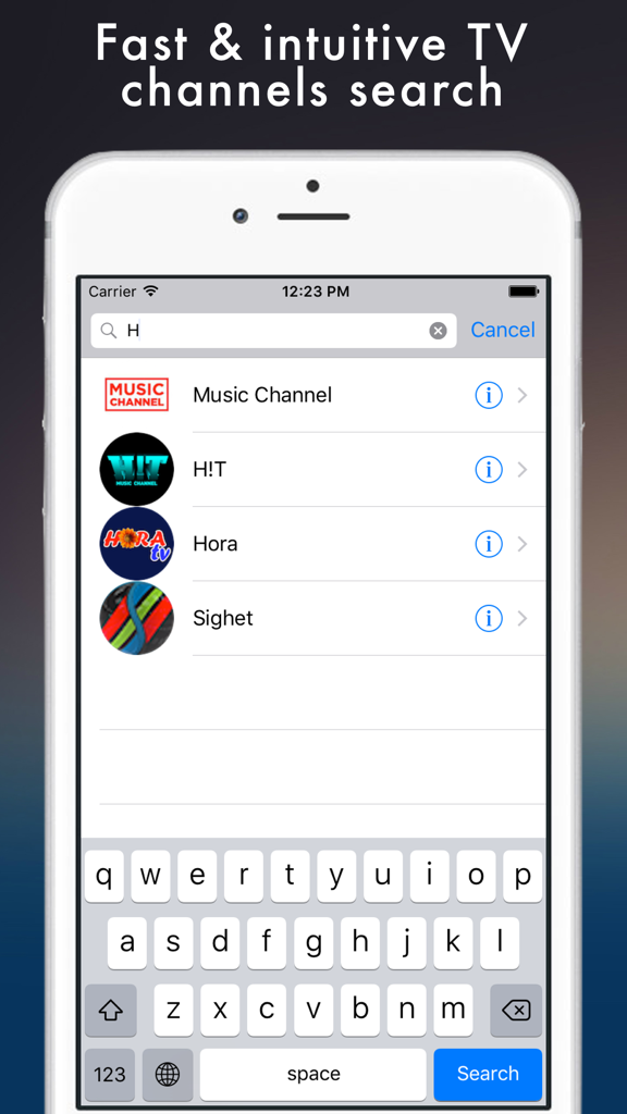 TV Românesc - Romanian TV live - Interfaz de búsqueda de la aplicación TV Romanesc mostrando una lista de canales rumanos en una pantalla de iPhone