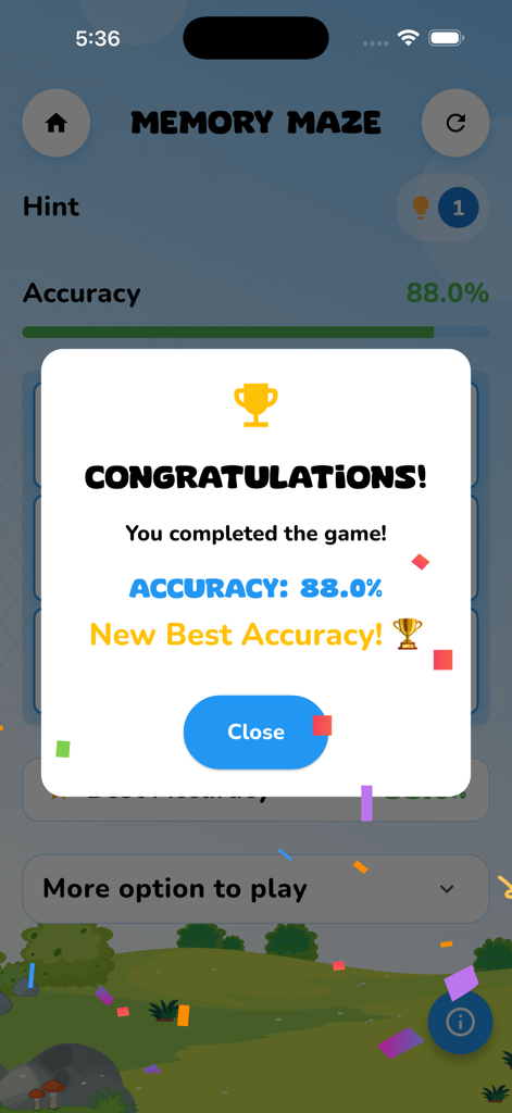 Pantalla de felicitación en el juego Memory Maze que muestra una precisión del 88 por ciento.