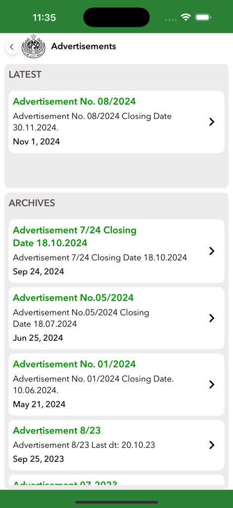 SPSC app screen displaying latest and archived job advertisement notifications.