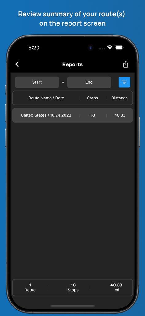 Routin app report screen displaying a summary of routes including number of stops and total distance