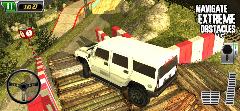 Cross Country Trials - White SUV navigating a log bridge obstacle in Cross Country Trials