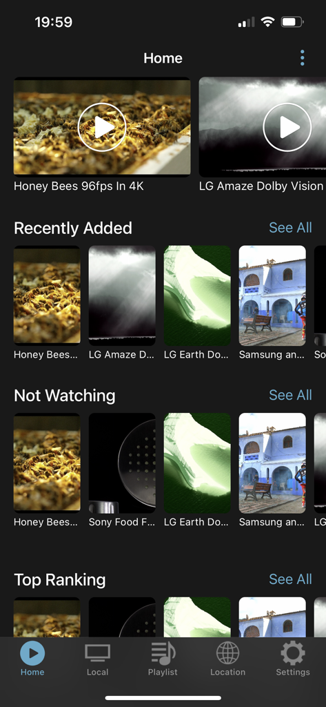 HD Playerアプリのホーム画面に、4KおよびDolby Visionのビデオライブラリが表示されています