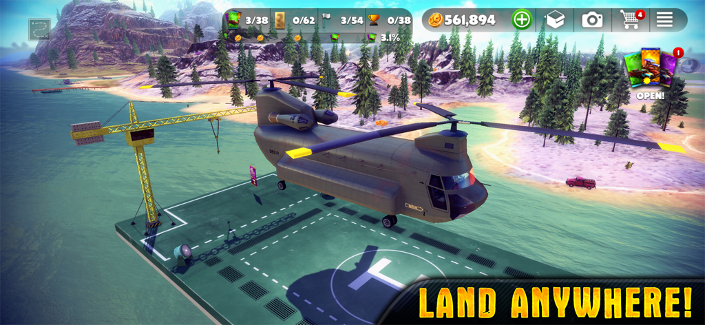 A heavy lift helicopter landing on a floating platform in an open world environment