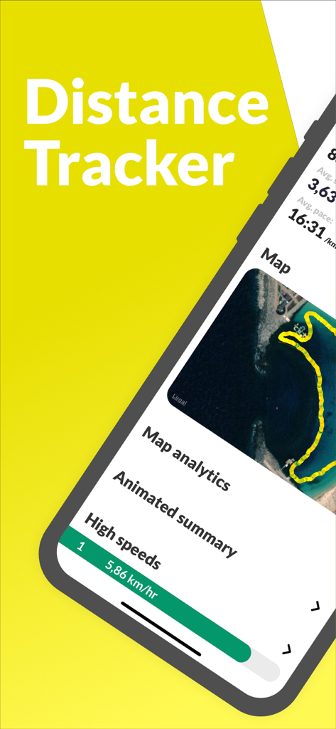Screenshot of Distance Tracker app showing a tracked map route and sports performance analytics