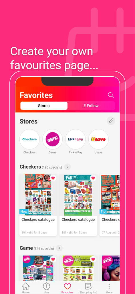 Cataloguespecials.co.za - モバイルアプリの画面。CheckersやGameなどの南アフリカの小売店の円形ロゴとその現在のプロモーションカタログが表示されたお気に入りのページが表示されています。