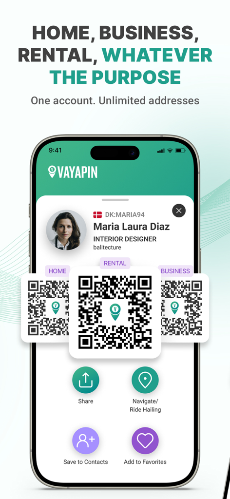 VayaPin - VayaPin app interface showing a professional profile with distinct QR codes for home rental and business addresses