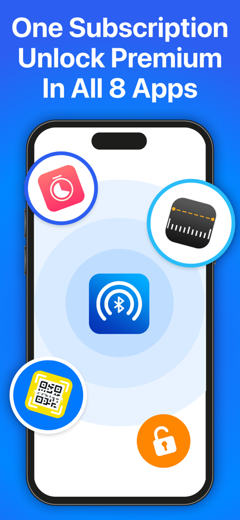 Find Air：My Device Tracker Pro - Find Air app promotion screen showing one subscription unlocking premium features for eight different utility apps