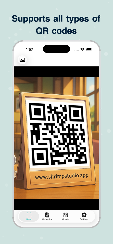 Tela de smartphone mostrando o aplicativo QScan digitalizando um código QR em uma placa de mesa.